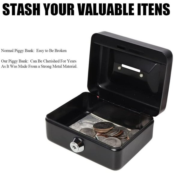 Small Lock Cash Box with Key Lock and Slot Locking Money Box for Kids Black - Picture 4 of 6